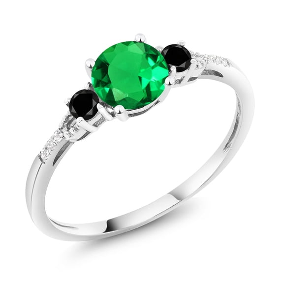Gem Stone King 10K White Gold Green Nano Emerald Black Diamond and White Diamond Accent 3-Stone Engagement Ring for Women (0.95 Cttw, Round 6MM, Gemstone May Birthstone, Size 6.5)