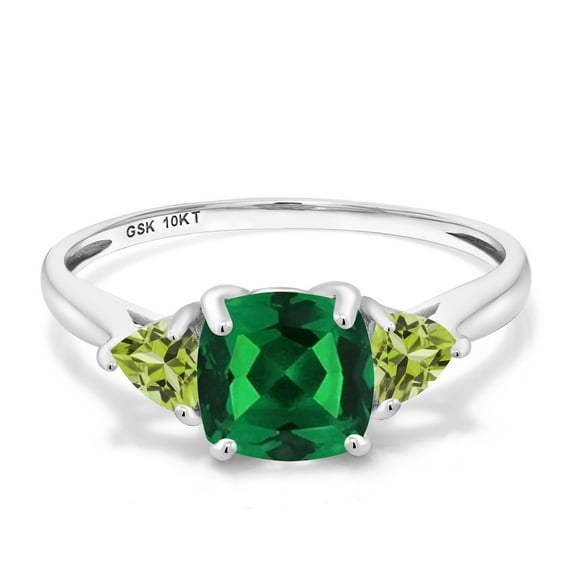 Gem Stone King 10K White Gold Green Nano Emerald and Green Peridot 3-Stone Engagement Ring for Women (1.17 Cttw, 7MM Cushion and 4MM Trillion, Size 5)