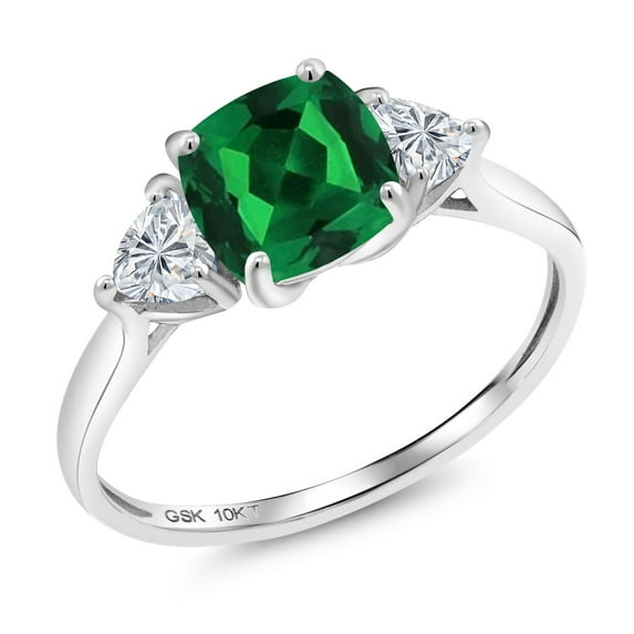 Gem Stone King 10K White Gold Green Nano Emerald and Lab Grown Diamond Engagement Ring for Women | 1.09 Cttw | Cushion 7MM | Gemstone May Birthstone | Size 6