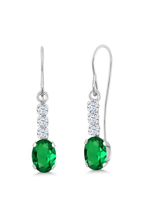 10K White Gold Green Nano Emerald and White Created Sapphire Drop Dangle Earrings for Women (1.04 Cttw, Gemstone May Birthstone, Oval 6X4MM)
