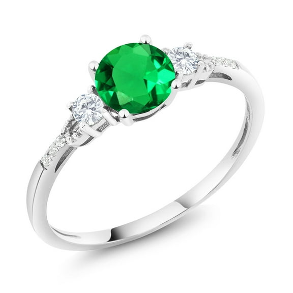 Gem Stone King 10K White Gold Green Nano Emerald White Created Sapphire and White Diamond Accent 3-Stone Engagement Ring for Women (0.92 Cttw, Round 6MM, Gemstone May Birthstone, Size 6)