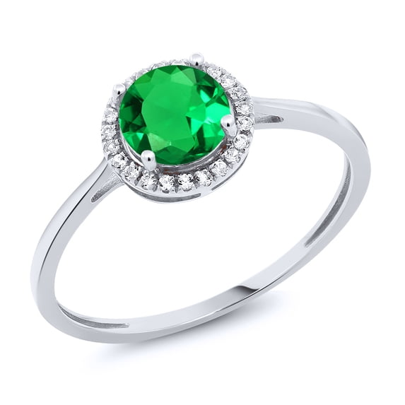 Gem Stone King 10K White Gold Green Nano Emerald and White Diamond Engagement Ring | 0.99 Cttw | Round 6MM | White Gold Ring for Women