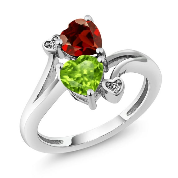 Gem Stone King 10K White Gold Green Peridot Red Garnet and Diamond Women Heart Shape Ring (1.76 Cttw, Gemstone Birthstone, Available in Size 5, 6, 7, 8, 9)