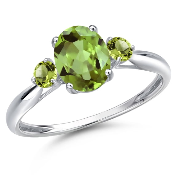 Gem Stone King 10K White Gold Green Peridot 3-Stone Ring for Women | 1.66 Cttw | Oval 8X6MM | Gemstone August Birthstone | Size 9