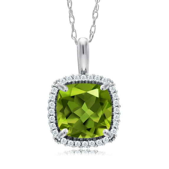 Gem Stone King 10K White Gold Green Peridot and White Diamond Pendant Necklace for Women (1.90 Cttw, Gemstone August Birthstone, Cushion Cut 7MM, with 18 inch Chain)