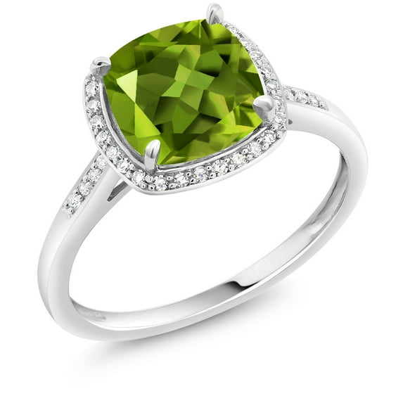 Gem Stone King 10K White Gold Green Peridot and White Diamond Solitaire Engagement Ring for Women (2.45 Cttw, Cushion Cut 8MM, Gemstone Birthstone, Available in Size 5, 6, 7, 8, 9)