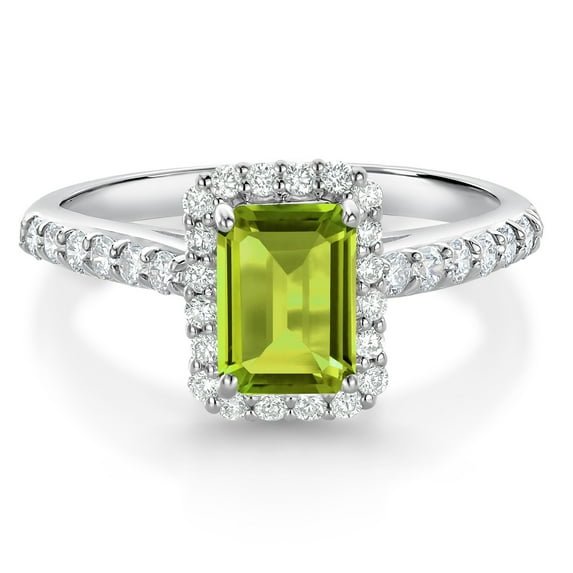 Gem Stone King 10K White Gold Green Peridot and White Lab Grown Diamond Halo Engagement Wedding Ring for Women (1.34 Cttw, Emerald Cut 7X5MM, Size 7)