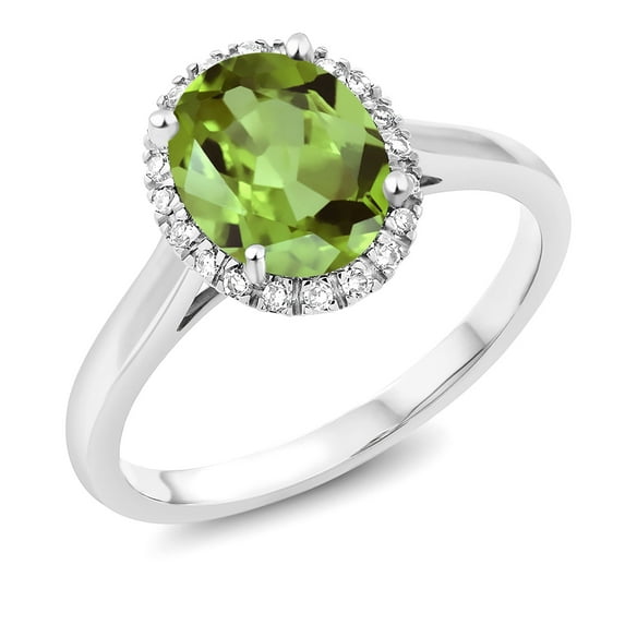 Gem Stone King 10K White Gold Green Peridot and Diamond Women's Engagement Ring (1.80 Cttw Oval)