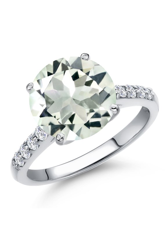 10K White Gold Green Prasiolite and Lab Grown Diamond Engagement Ring for Women | 3.27 Cttw | Round 10MM | Gemstone Birthstone | Size 5