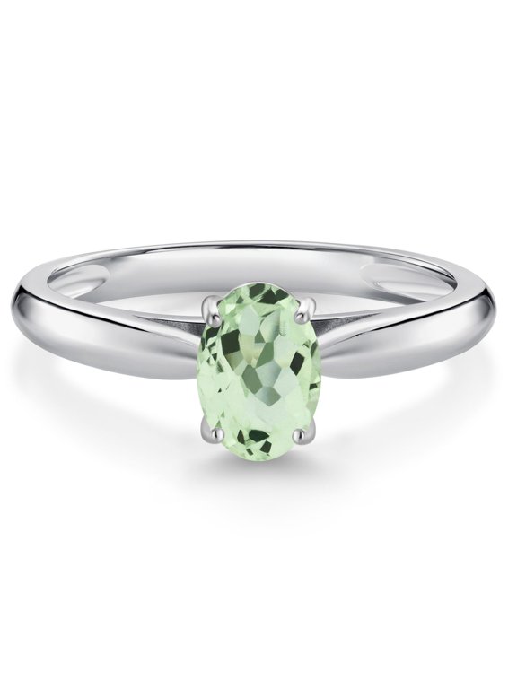 10K White Gold Green Prasiolite Solitaire Engagement Ring for Women (0.75 Cttw, Oval 7X5MM, Gemstone Birthstone, Size 9)