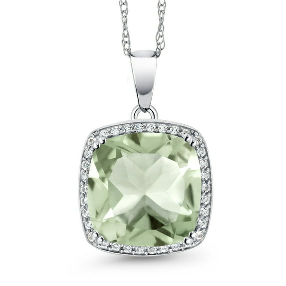 Gem Stone King 10K White Gold Green Prasiolite and White Created Sapphire Pendant Necklace for Women (6.74 Cttw, Gemstone Birthstone, Cushion 12MM, with 18 inch Chain)
