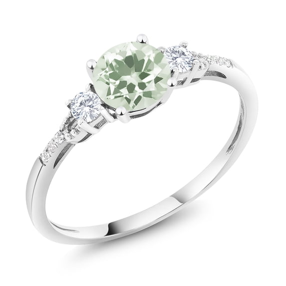 Gem Stone King 10K White Gold Green Prasiolite White Created Sapphire and White Diamond Accent 3-Stone Engagement Ring for Women (0.94 Cttw, Round 6MM, Gemstone Birthstone, Size 7.5)