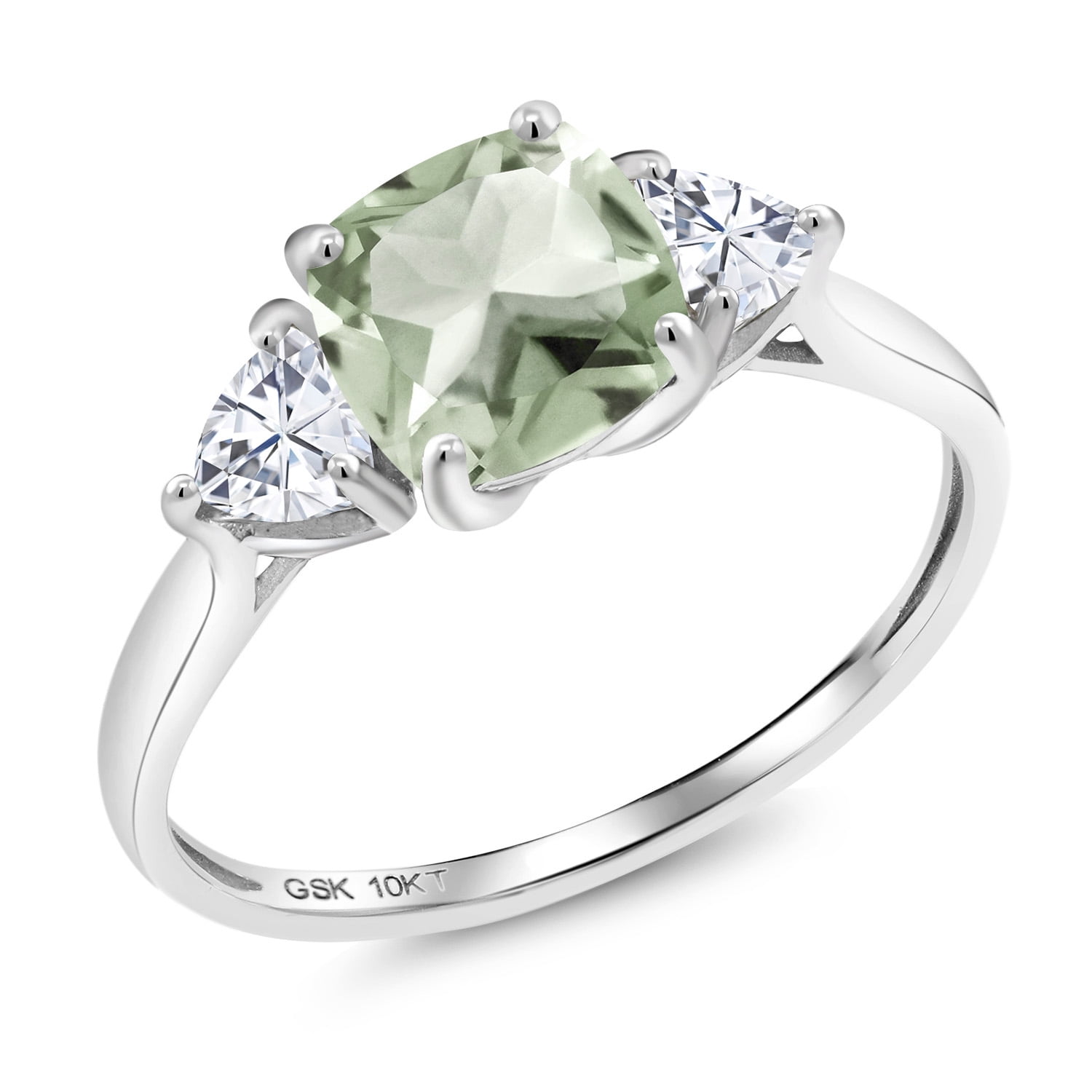 Gem Stone King 10K White Gold Green Prasiolite and White Moissanite 3-Stone Engagement Ring for Women (1.86 Cttw, 7MM Cushion and 4MM Trillion, Size 7)