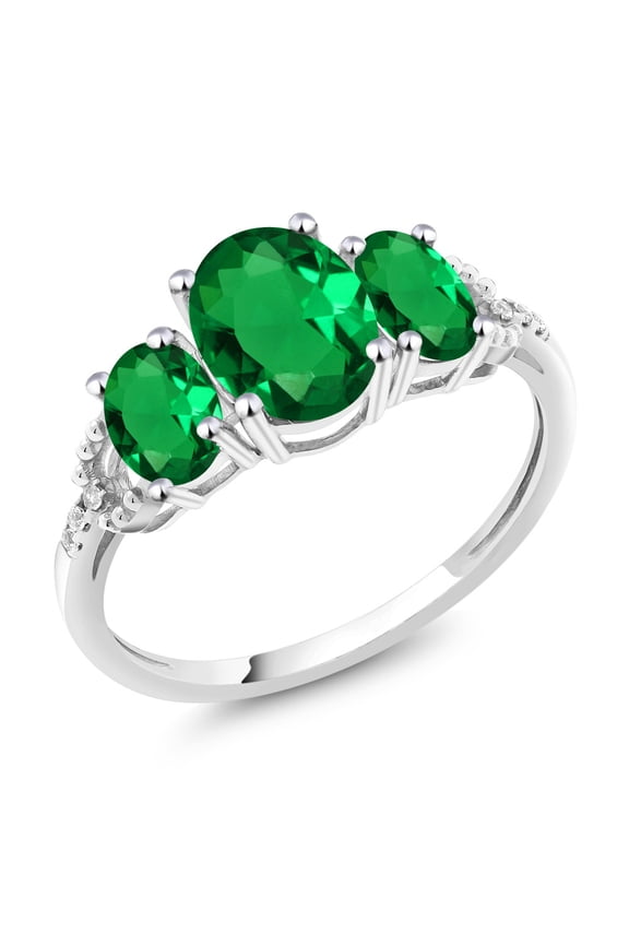 10K White Gold Green Simulated Emerald and Diamond Accent 3-Stone Engagement Ring | 1.85 Cttw | Three Stone Wedding Anniversary Gold Promise Ring for Women (Size 9.5)