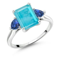 Gem Stone King 10K White Gold Green Turquoise and Blue Created Sapphire 3 Stone Engagement Ring for Women (2.34 Cttw, Emerald Cut 9X7MM, Gemstone Birthstone, Size 5)