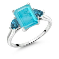 Gem Stone King 10K White Gold Green Turquoise and London Blue Topaz 3 Stone Engagement Ring for Women (2.32 Cttw, Emerald Cut 9X7MM, Gemstone Birthstone, Size 7)