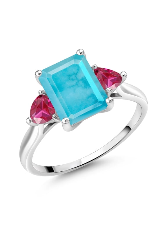 10K White Gold Green Turquoise and Red Created Ruby 3 Stone Engagement Ring for Women (2.34 Cttw, Emerald Cut 9X7MM, Gemstone Birthstone, Size 8)