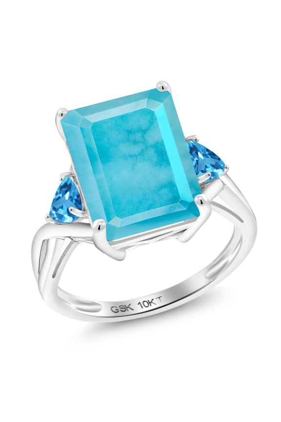 10K White Gold Green Turquoise and Swiss Blue Topaz 3 Stone Engagement Ring for Women (5.51 Cttw, Emerald Cut 14X10MM, Trillion 4MM, Size 8)