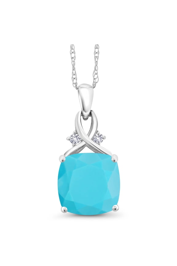 10K White Gold Green Turquoise and White Created Sapphire Pendant Necklace for Women (3.06 Cttw, Gemstone, Cushion Cut 10MM, with 18 inch Chain)