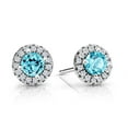 thumbnail image 1 of Gem Stone King 10K White Gold Halo Earrings 0.86 Ct Round Swiss Blue Topaz E-F Lab Grown Diamond, 1 of 5