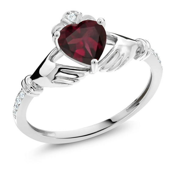 Gem Stone King 10K White Gold Heart Shape Red Rhodolite Garnet and White Diamond Irish Celtic Claddagh Women Ring (0.78 Cttw, Gemstone Birthstone, Available in Size 5, 6, 7, 8, 9)