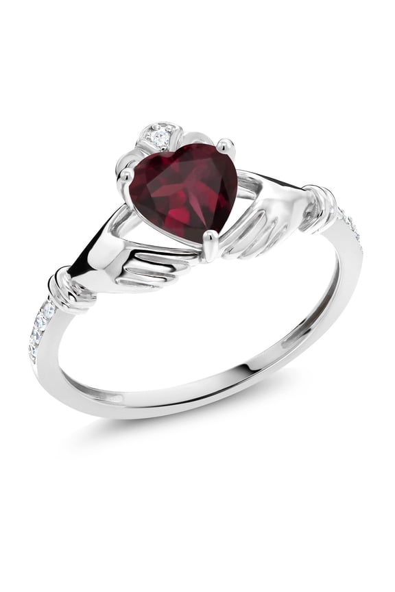 10K White Gold Heart Shape Red Rhodolite Garnet and White Diamond Irish Celtic Claddagh Women Ring (0.78 Cttw, Gemstone Birthstone, Available in Size 5, 6, 7, 8, 9)
