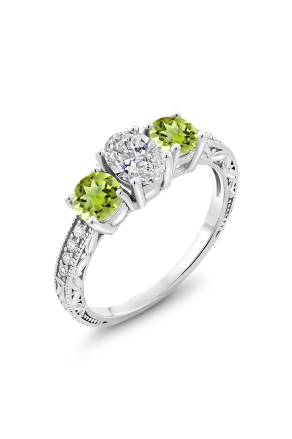 10K White Gold IGI Certified Lab Grown Diamond and Peridot 3 Stone Engagement Ring for Women | 2.28 Cttw | Center Diamond Oval 1 Ct | E-F Color | VS1-VS2 Clarity | Size 9