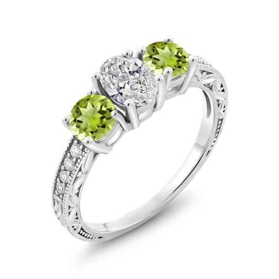 Gem Stone King 10K White Gold IGI Certified Lab Grown Diamond and Peridot 3 Stone Engagement Ring for Women | 2.28 Cttw | Center Diamond Oval 1 Ct | D-E Color | VS1-VS2 Clarity | Size 8