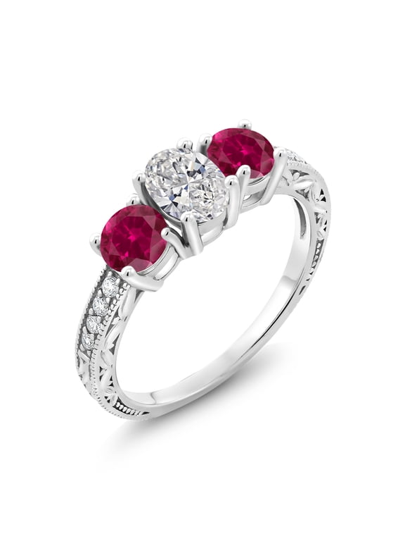 10K White Gold IGI Certified Lab Grown Diamond and Red Created Ruby 3 Stone Engagement Ring for Women | 2.28 Cttw | Center Diamond Oval 1 Ct | D-E Color | VS1-VS2 Clarity | Size 9