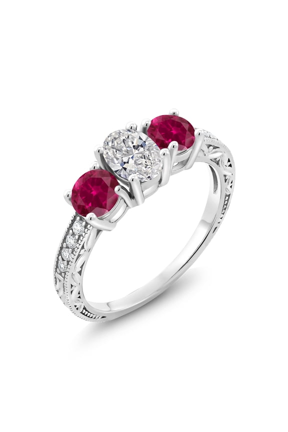 10K White Gold IGI Certified Lab Grown Diamond and Red Created Ruby 3 Stone Engagement Ring for Women | 2.28 Cttw | Center Diamond Oval 1 Ct | E-F Color | VS1-VS2 Clarity | Size 9