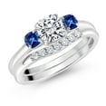 thumbnail image 1 of Gem Stone King 10K White Gold Lab Grown Diamond and Blue Created Sapphire 3-Stone Bridal Engagement Wedding Ring Set for Women | 1.03 Cttw | 5MM and 3MM Cushion Cut | Size 5,6,7,8,9, 1 of 7