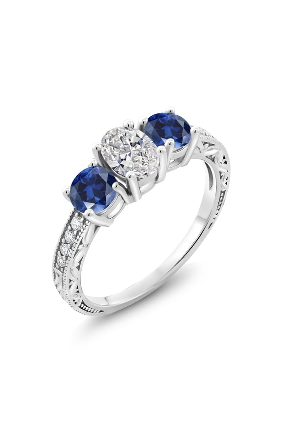 10K White Gold Lab Grown Diamond and Blue Created Sapphire 3 Stone Engagement Ring for Women | 1.98 Cttw | Center Diamond Oval 1 Ct | DEF Color | VVS-VS Clarity | Size 6
