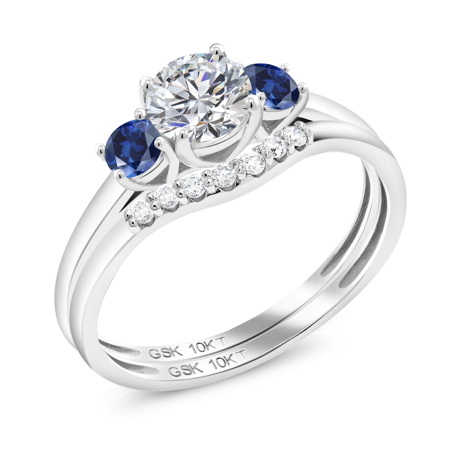 Gem Stone King 10K White Gold Lab Grown Diamond and Blue Created Sapphire Bridal-Sets Ring for Women | 0.84 Cttw | Round 5MM | Wedding Engagement Anniversary Promise Ring for Women | Size 8