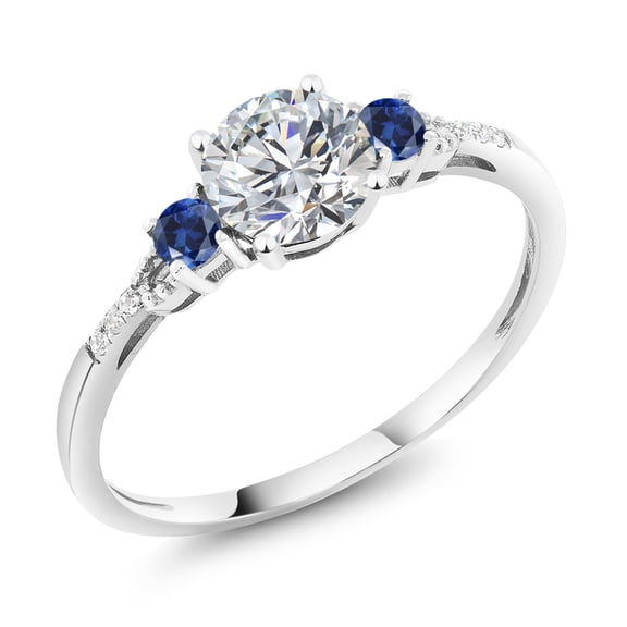 Gem Stone King 10K White Gold Lab Grown Diamond and Blue Created Sapphire Engagement Ring for Women | 0.87 Cttw | Round 6MM | Gemstone Birthstone | Wedding Engagement Anniversary Promise Ring| Size 6