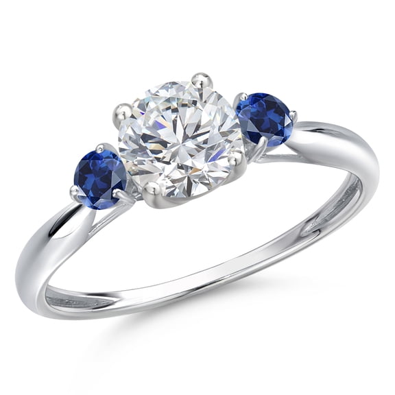 Gem Stone King 10K White Gold Lab Grown Diamond and Blue Created Sapphire 3-Stone Ring for Women | 1.02 Cttw | Round 6MM | Gemstone April Birthstone | Size 8