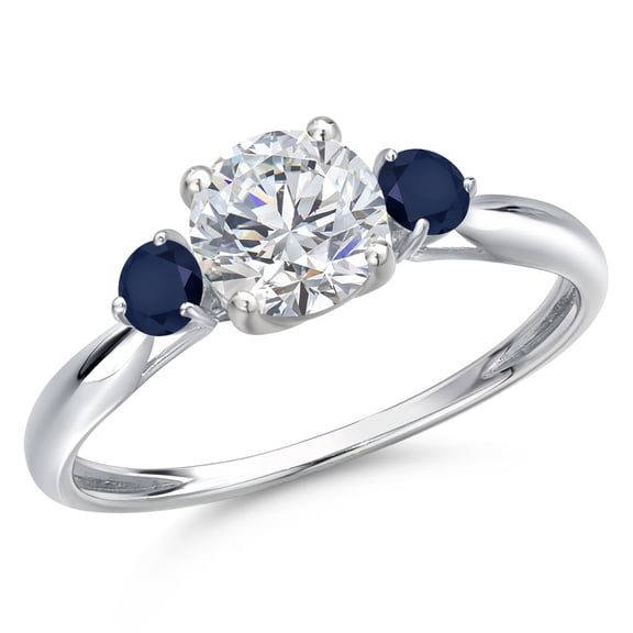 Gem Stone King 10K White Gold Lab Grown Diamond and Blue Sapphire 3-Stone Ring for Women | 1.04 Cttw | Round 6MM | Gemstone April Birthstone | Size 9