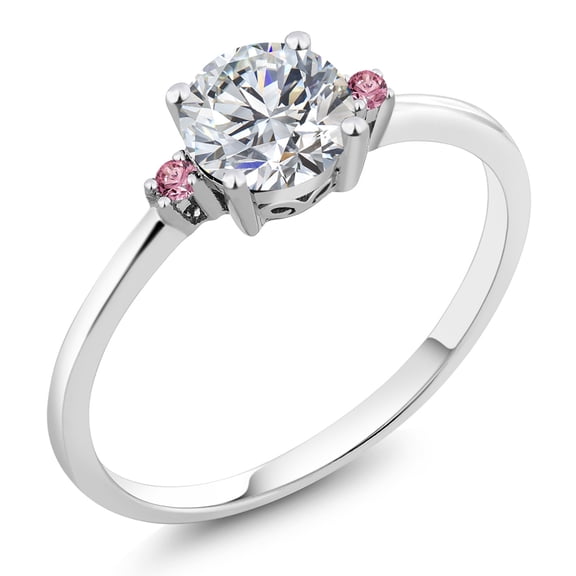 Gem Stone King 10K White Gold Lab Grown Diamond and Pink Lab Grown Diamond 3-Stone Engagement Ring for Women | 0.77 Cttw | Round 6MM | Round 6MM and 1.5MM (Size 6)