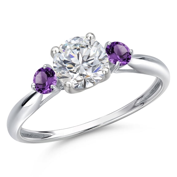 Gem Stone King 10K White Gold Lab Grown Diamond and Purple Amethyst 3-Stone Ring for Women | 0.94 Cttw | Round 6MM | Gemstone April Birthstone | Size 7