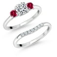 thumbnail image 1 of Gem Stone King 10K White Gold Lab Grown Diamond and Red Created Ruby 3 Stone Bridal Engagement Wedding Ring Set for Women | 1.07 Cttw | 5MM and 3MM Cushion Cut | Gemstone April Birthstone | Size 9, 1 of 6