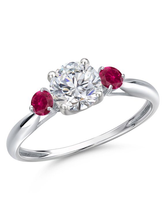 10K White Gold Lab Grown Diamond and Red Created Ruby 3-Stone Ring for Women | 1.02 Cttw | Round 6MM | Gemstone April Birthstone | Size 6