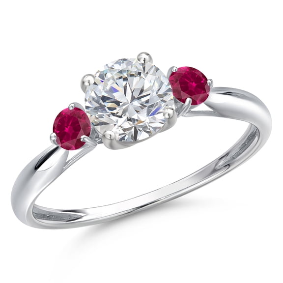 Gem Stone King 10K White Gold Lab Grown Diamond and Red Created Ruby 3-Stone Ring for Women | 1.02 Cttw | Round 6MM | Gemstone April Birthstone | Size 8