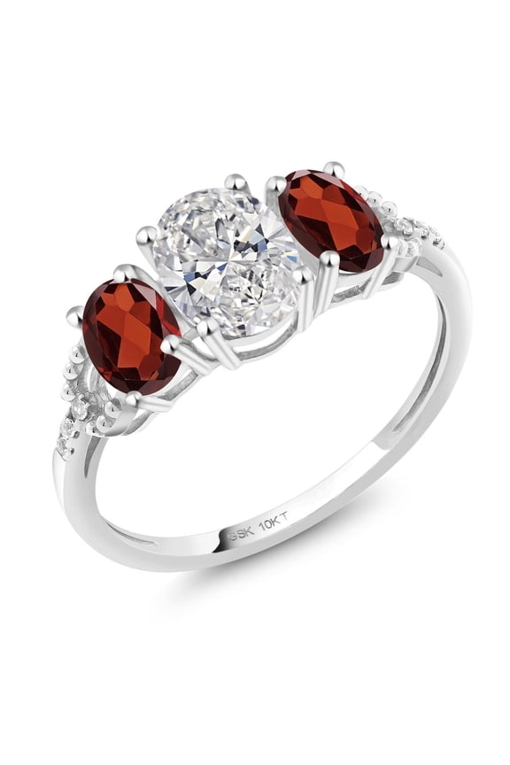 10K White Gold Lab Grown Diamond and Red Garnet 3-Stone Engagement Ring | 1.86 Cttw | Center Oval Diamond 0.70 Ct | DEF Color | VVS-VS Clarity |Size 8