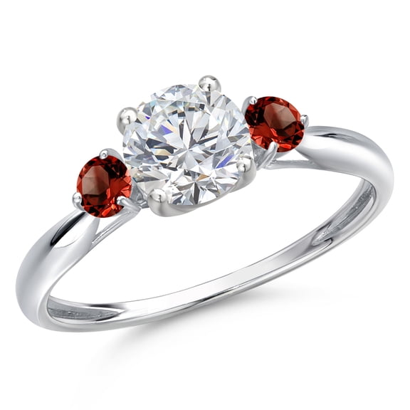 Gem Stone King 10K White Gold Lab Grown Diamond and Red Garnet 3-Stone Ring for Women | 1.04 Cttw | Round 6MM | Gemstone April Birthstone | Size 8