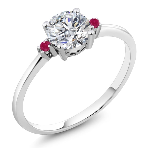 Gem Stone King 10K White Gold Lab Grown Diamond and Red Ruby Engagement Ring for Women | 0.77 Cttw | Round 6MM | Gemstone April Birthstone | E-F Color | VVS-VS Clarity (Size 6)
