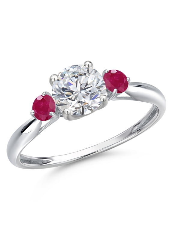 10K White Gold Lab Grown Diamond and Red Ruby 3-Stone Ring for Women | 1.05 Cttw | Round 6MM | Gemstone April Birthstone | Size 9
