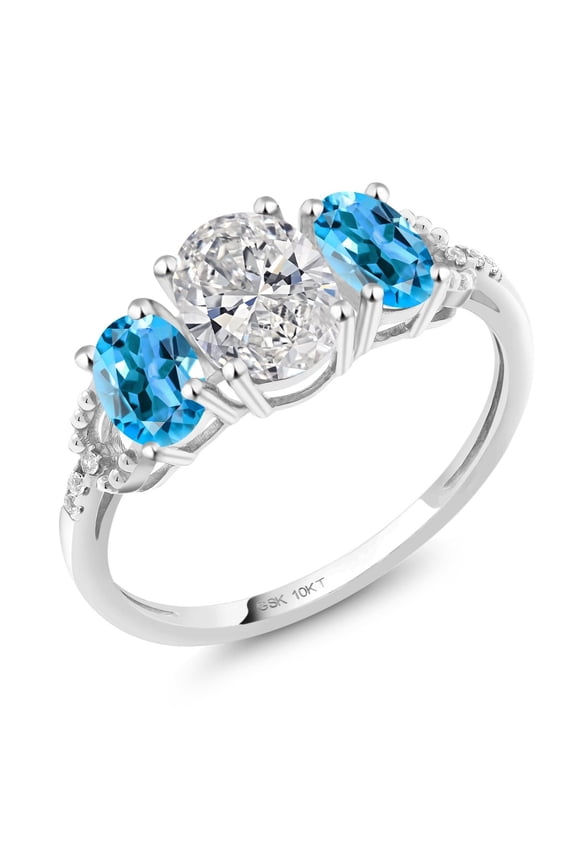 10K White Gold Lab Grown Diamond and Swiss Blue Topaz 3-Stone Engagement Ring | 1.82 Cttw | Center Oval Diamond 0.70 Ct | DEF Color | VVS-VS Clarity |Size 5