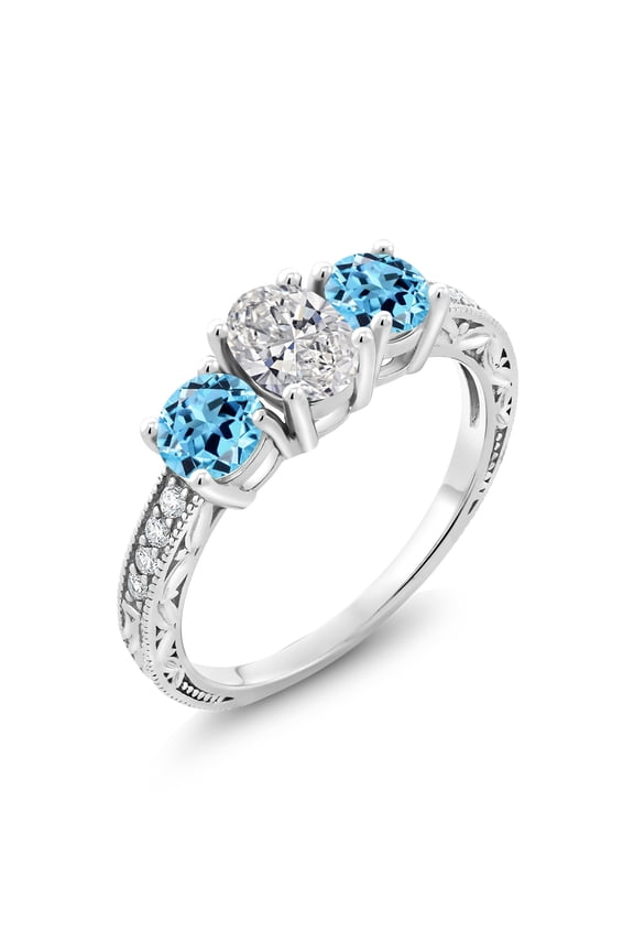 10K White Gold Lab Grown Diamond and Swiss Blue Topaz 3 Stone Engagement Ring for Women | 2.08 Cttw | Center Diamond Oval 1 Ct | DEF Color | VVS-VS Clarity | Size 7