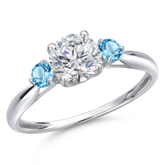 Gem Stone King 10K White Gold Lab Grown Diamond and Swiss Blue Topaz 3-Stone Ring for Women | 1.04 Cttw | Round 6MM | Gemstone April Birthstone | Size 9