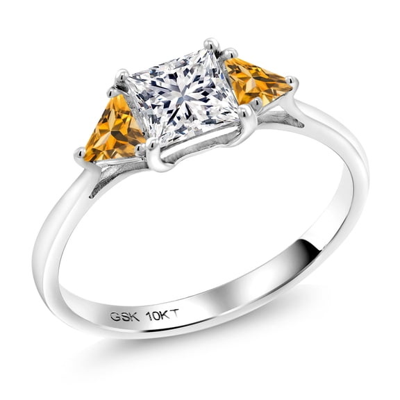 Gem Stone King 10K White Gold Lab Grown Diamond and Yellow Citrine Engagement Ring for Women | 1.00 Cttw | Princess 5MM | Gemstone April Birthstone | Size 7