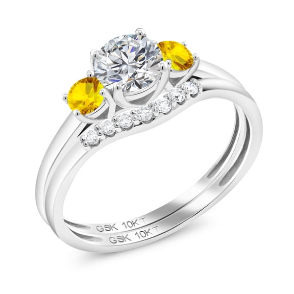 Gem Stone King 10K White Gold Lab Grown Diamond and Yellow Sapphire Bridal-Sets Ring for Women | 0.83 Cttw | Round 5MM | Gemstone April Birthstone | Size 5